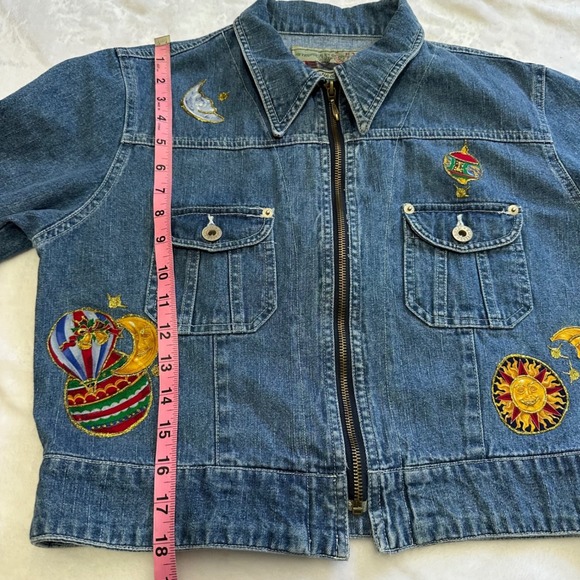 vintage Y2k Express Cropped Demin Jacket Embroided Sun, Moon Size M - Picture 11 of 11